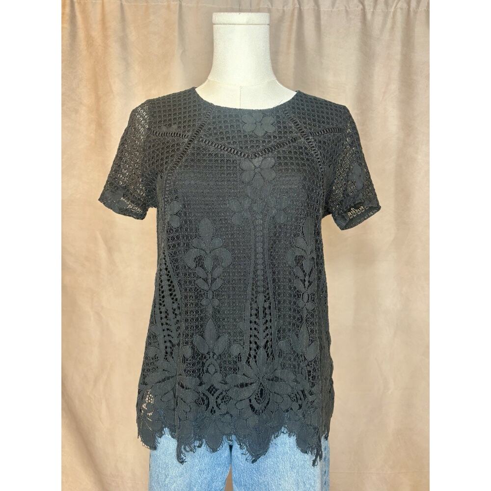 Staccato Black Lace Blouse Sheer Floral Crochet Top Size M